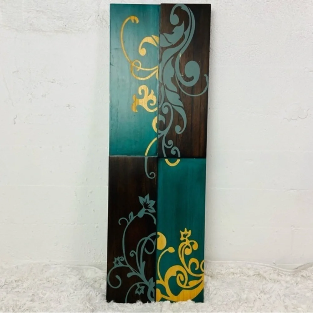 Teal , Gold & brown large 3D rectangle Paisley, floral Wall Art Decor